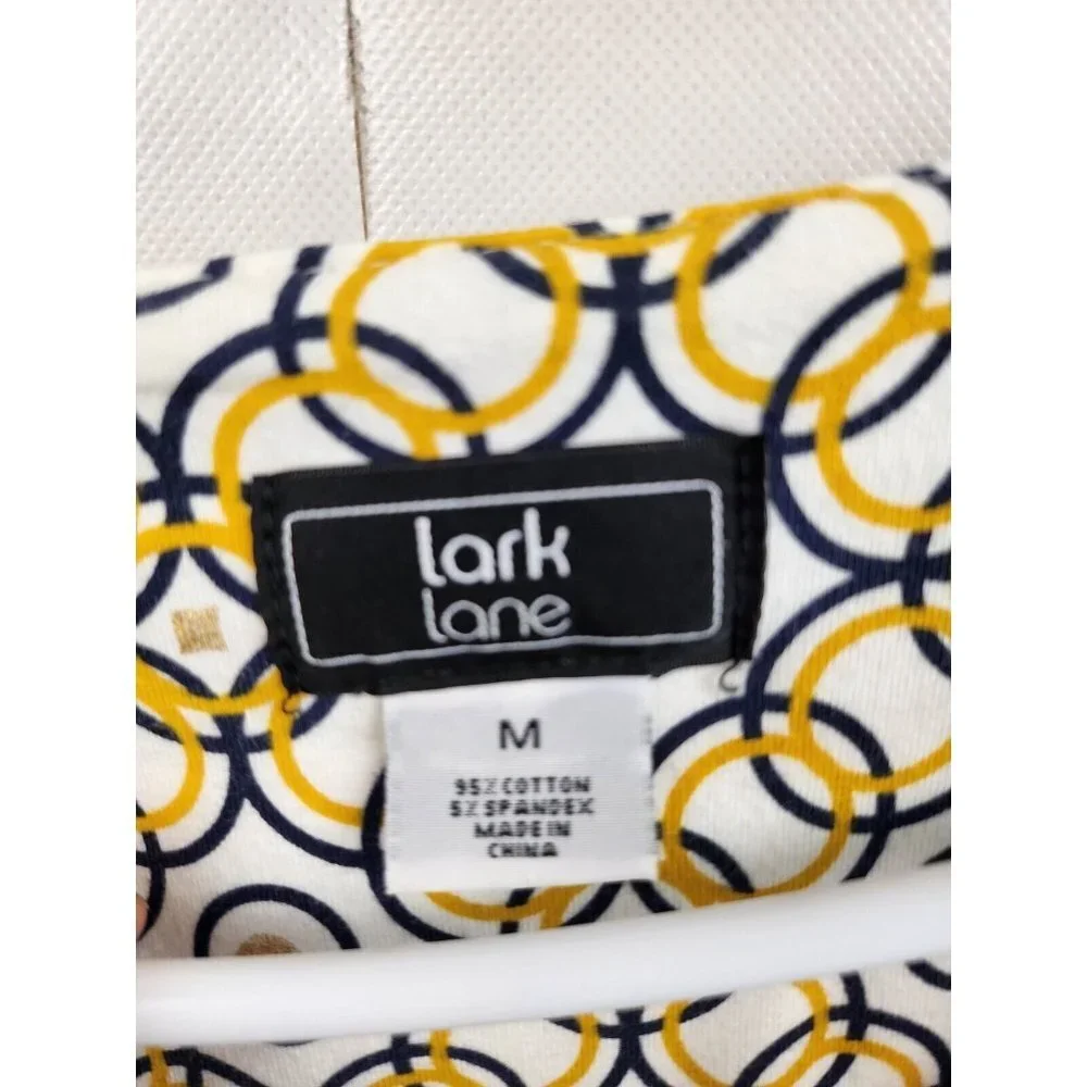 Lark Lane Yellow Blue Circle Print Qortek Button Tab Sleeve Blouse‎ Medium